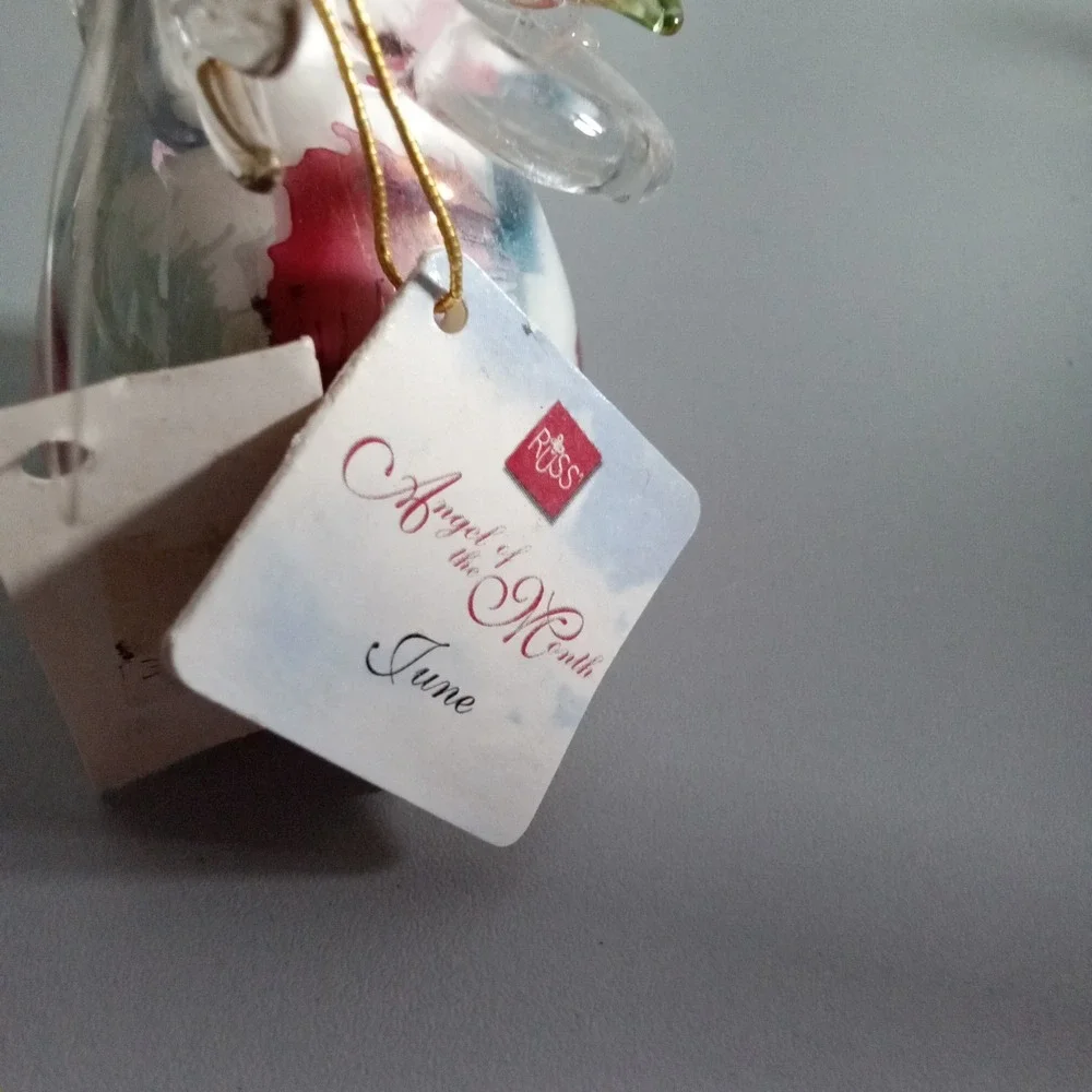 Russ Berrie Angel of the Month June Glass Figurine Rose Ornament 3 inch 15915
